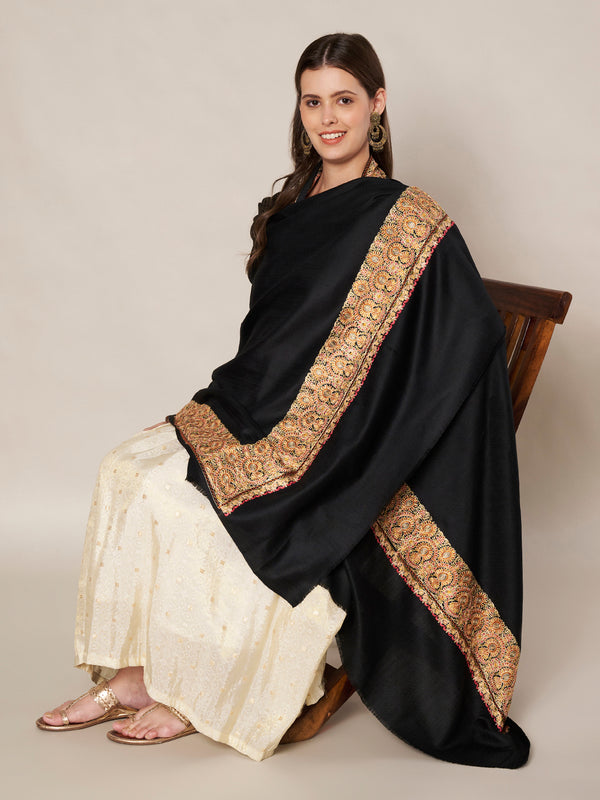 Solid Black Woolen Women Shawl with Rich Embroidered Border – 80 x 40 Inches