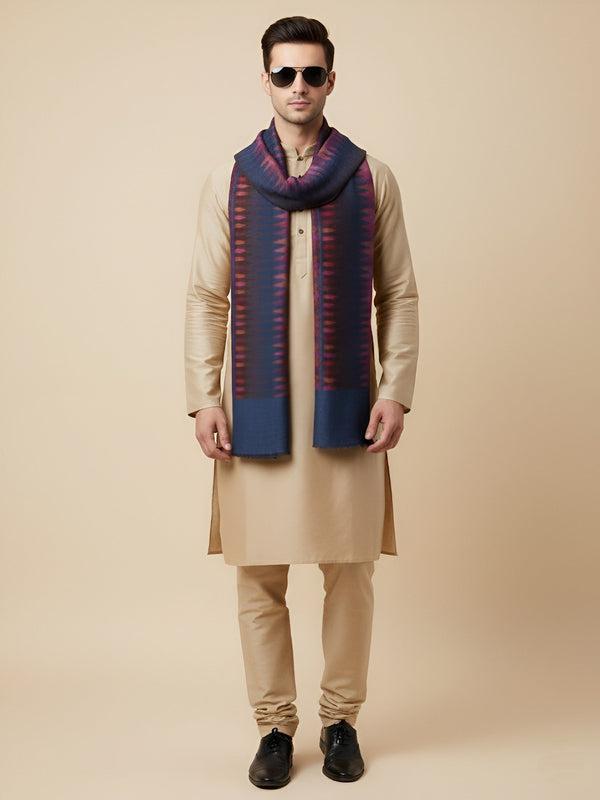 Woolen Mens Stole with Ikat-Inspired Woven Design | Refined Ethnic Wrap (80 × 28 Inches)
