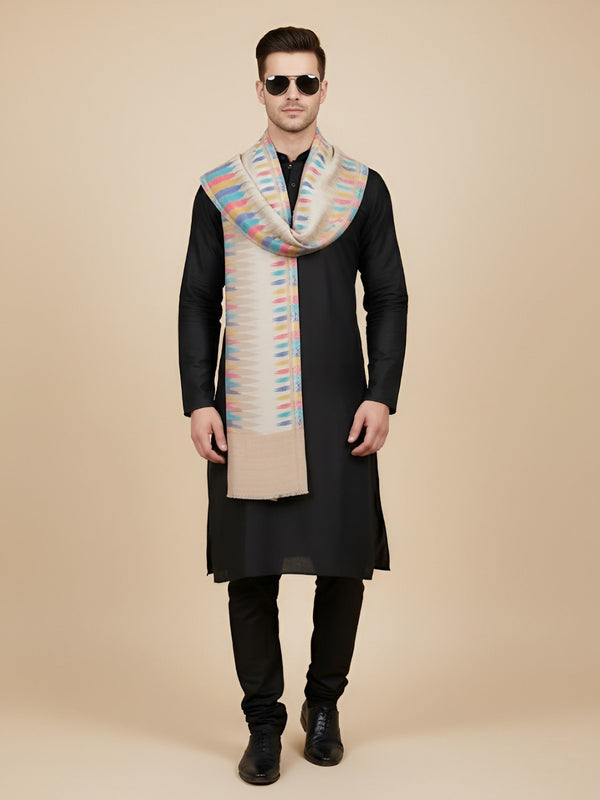 Woolen Mens Stole with Ikat-Inspired Woven Design | Refined Ethnic Wrap (80 × 28 Inches)