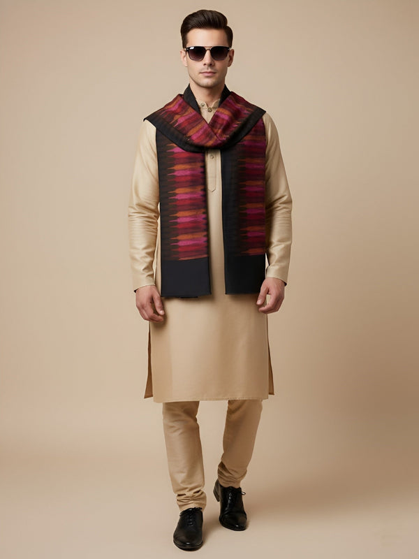 Woolen Mens Stole with Ikat-Inspired Woven Design | Refined Ethnic Wrap (80 × 28 Inches)