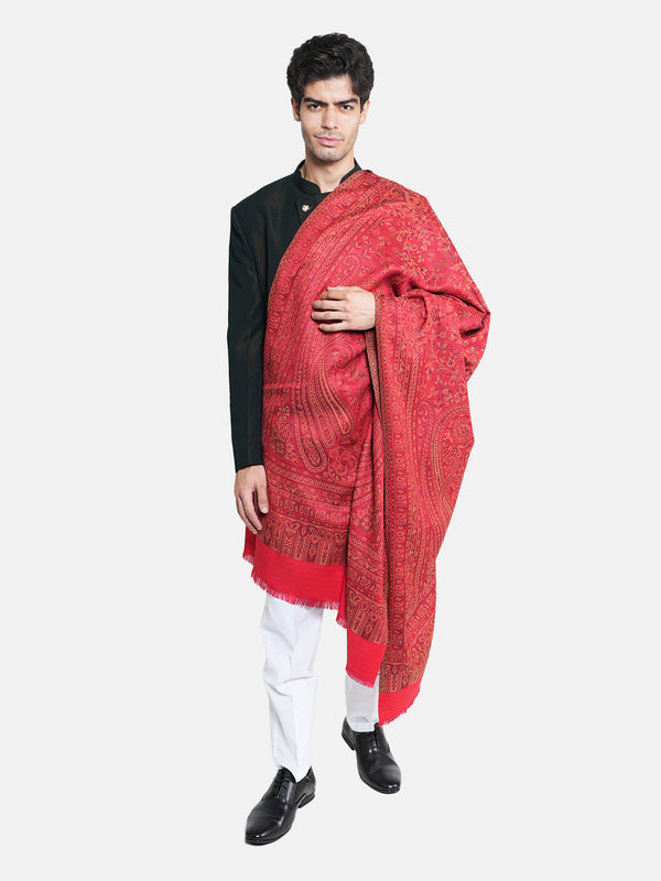 Red Jamawar Wool Blend Mens Shawl with Intricate Paisley Weave – 80×40 Inches