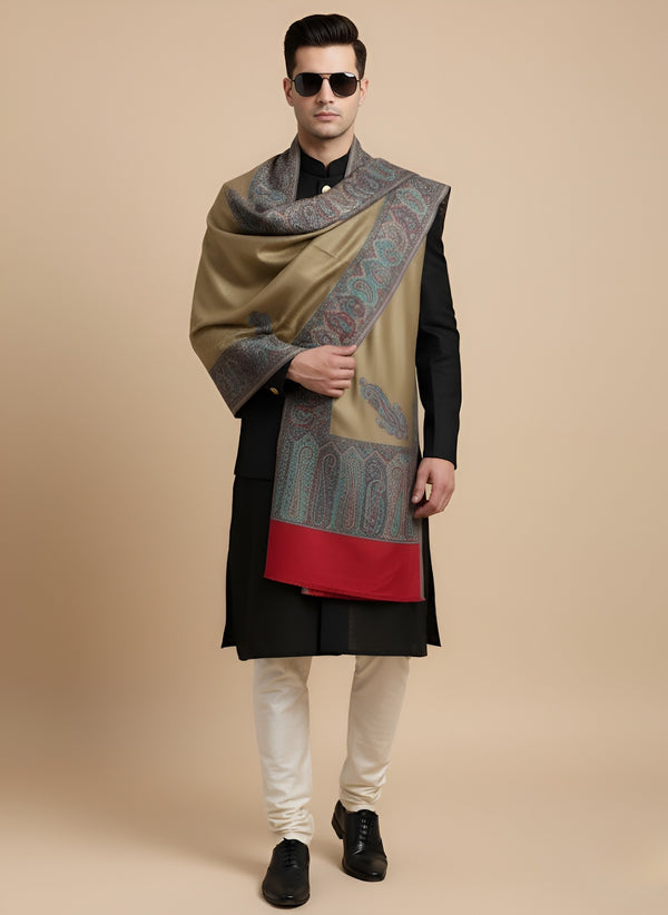Bamboo Silk Gold Mens Shawl with Ornate Paisley Border | Classic Heritage Wrap (80 × 40 Inches)