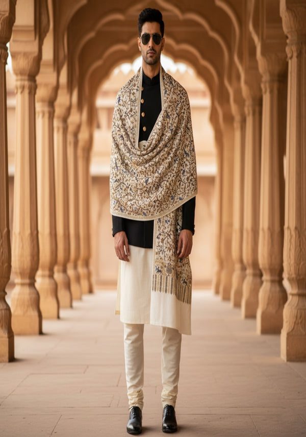 Woolen Mens Shawl with Traditional Bird & Floral Jaal Motifs and Ornate Woven Border (80 x 40 Inches)