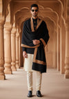 Solid Black Woolen Mens Shawl with Rich Embroidered Border – 80 x 40 Inches
