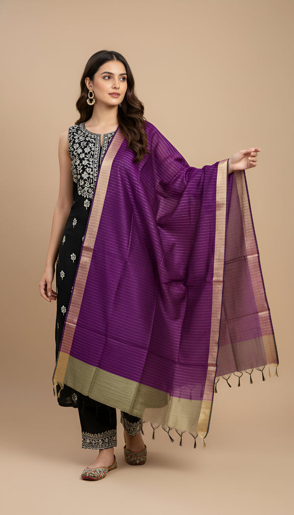 Purple Striped Silk Dupatta with Zari Border | Elegant Ethnic Drape (2.5 Metres Approx.)