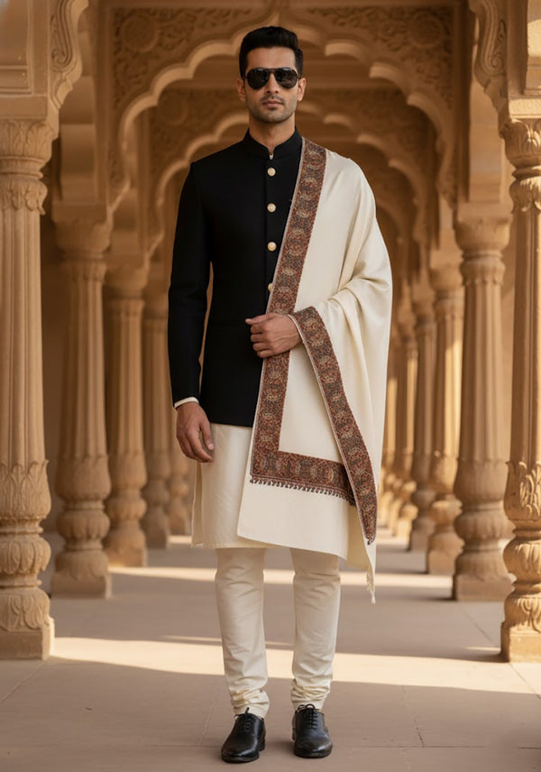 Woolen Mens Shawl in Warm White with Heritage-Inspired Embroidered Border (80 x 40 Inches)