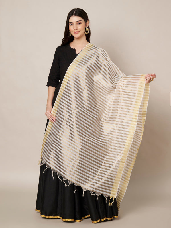 Grey & Gold Striped Cotton Silk Dupatta with Tassel Finish (Size: 2.5x1 m Approx)