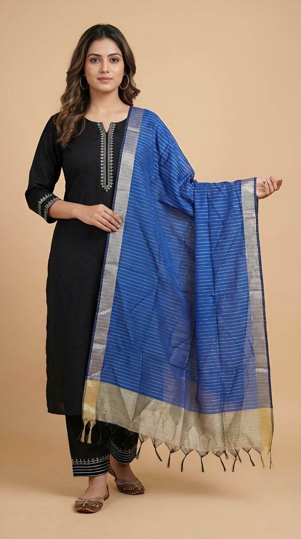 Blue Striped Silk Dupatta with Zari Border | Elegant Ethnic Drape (2.5 Metres Approx.)