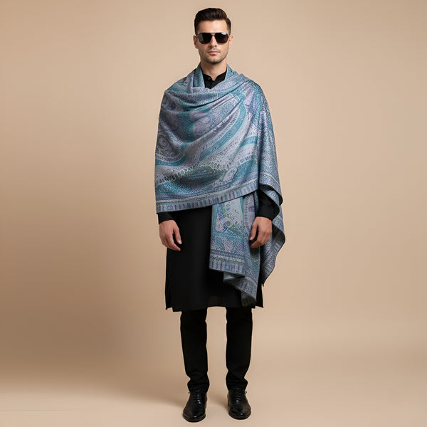 Kani Work Bamboo Silk Cutwork Mens Shawl – Teal & Blue Heritage Wrap (80 x 40 Inches)