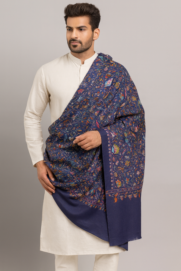 Printed Bamboo Silk Mens Shawl – Blue Floral Classic Wrap (80 x 40 Inches)