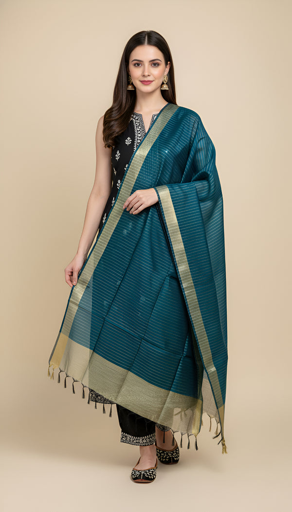 Teal Striped Silk Dupatta with Zari Border | Elegant Ethnic Drape (2.5 Metres Approx.)