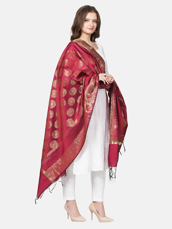 Maroon Banarasi Silk Dupatta with Woven Butti Motifs & Zari Border (Size: 2.5x1 m Approx)