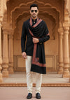 Woolen Mens Shawl in Black with Multicolour Kashmiri-Inspired Embroidered Border (80 x 40 Inches)
