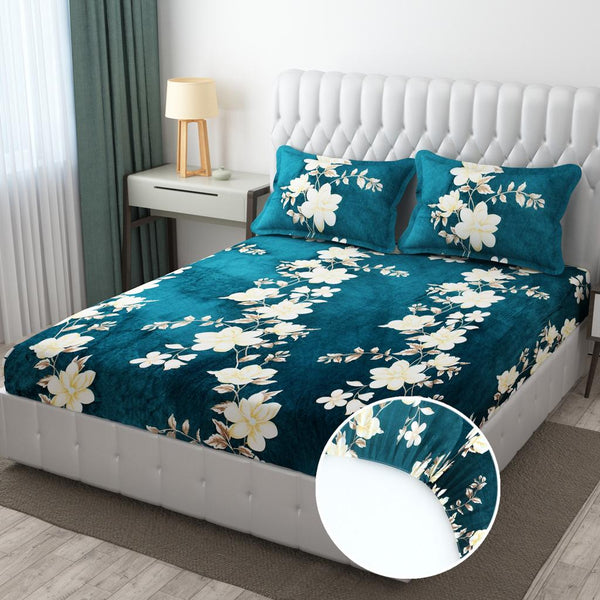 Premium Winter Flannel Bedsheet | 300 GSM | Teal Floral Design | 90×100 inches Bedsheet My Store
