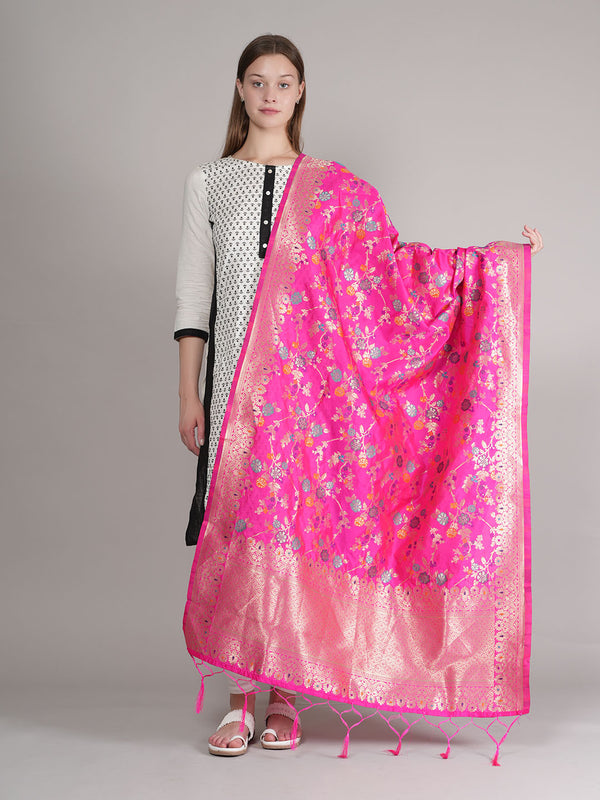 Rani Paithani Silk Dupatta with Multicolour Floral Zari Weave (Size: 2.5x1 m Approx)