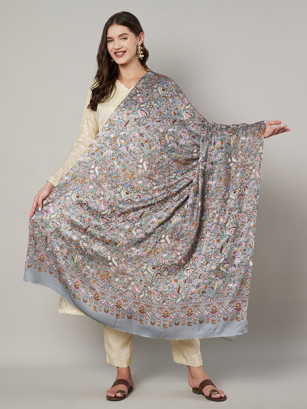 Printed Bamboo Silk Women Shawl – Grey Floral Statement Wrap (80 x 40 Inches)