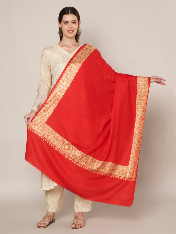 Solid Red Woolen Women Shawl with Rich Embroidered Border – 80 x 40 Inches
