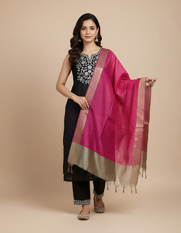 Rani Striped Silk Dupatta with Zari Border | Elegant Ethnic Drape (2.5 Metres Approx.)
