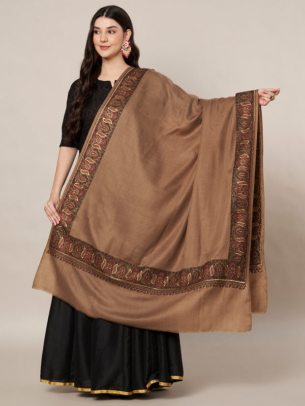 Woolen Women Shawl in Warm Mocha Brown with Intricate Traditional Embroidered Border (80 x 40 Inches)