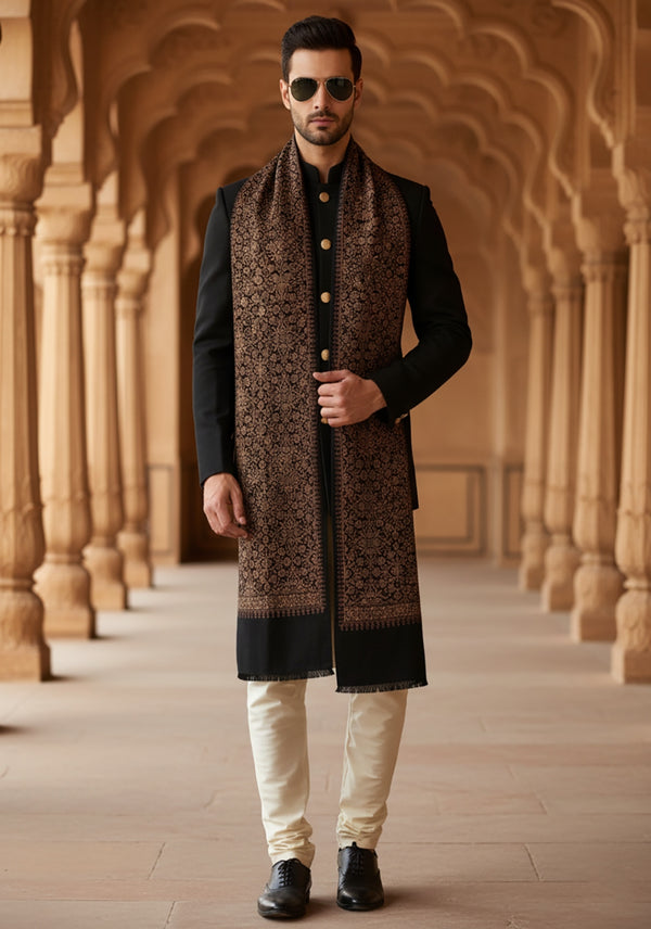 Woolen Mens Shawl with Intricate Traditional Motif & Ornate Woven Border | 80 x 40 Inches