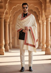 White Woolen Mens Shawl with Traditional Embroidered Border (80 x 40 Inches)