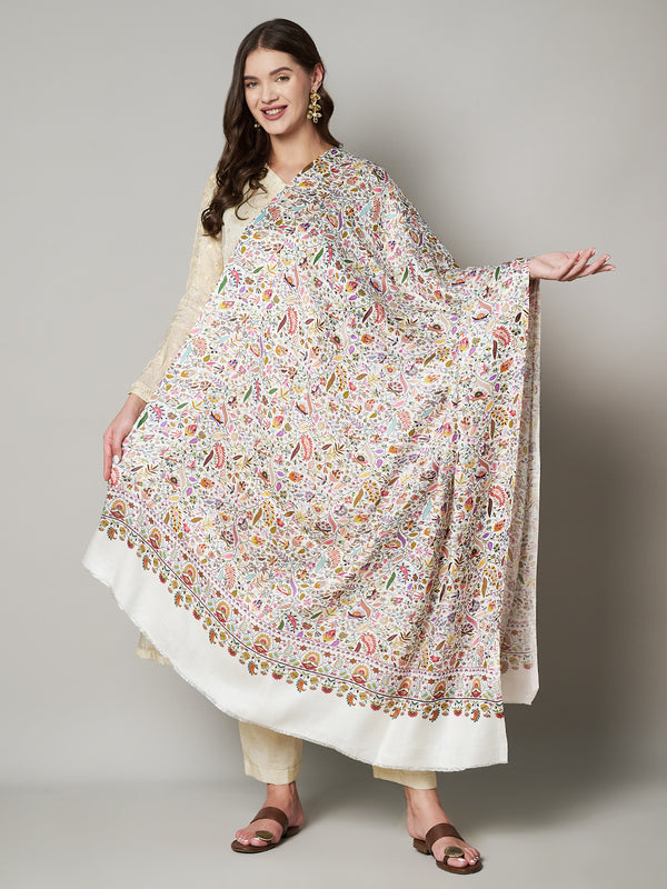 Bamboo Silk White Kashmiri Women Stole with Traditional Paisley Jaal | Soft & Elegant | 80×28 Inches