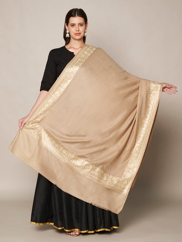 Beige Woolen Women Shawl with Gold Border – 80x40 Inches