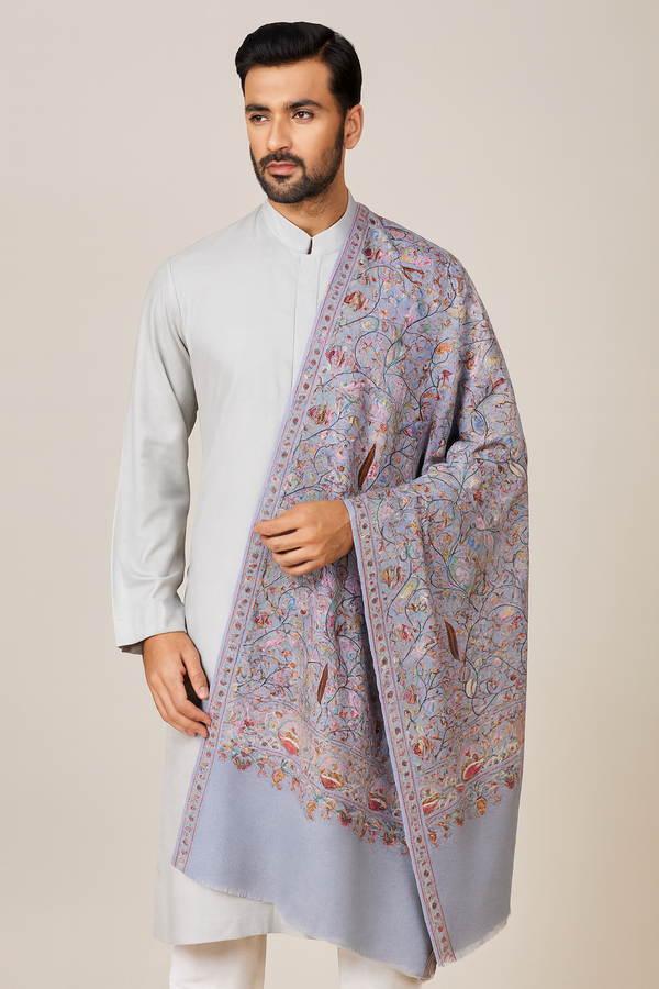 Printed Bamboo Silk Mens Shawl – Grey Floral Classic Wrap (80 x 40 Inches)