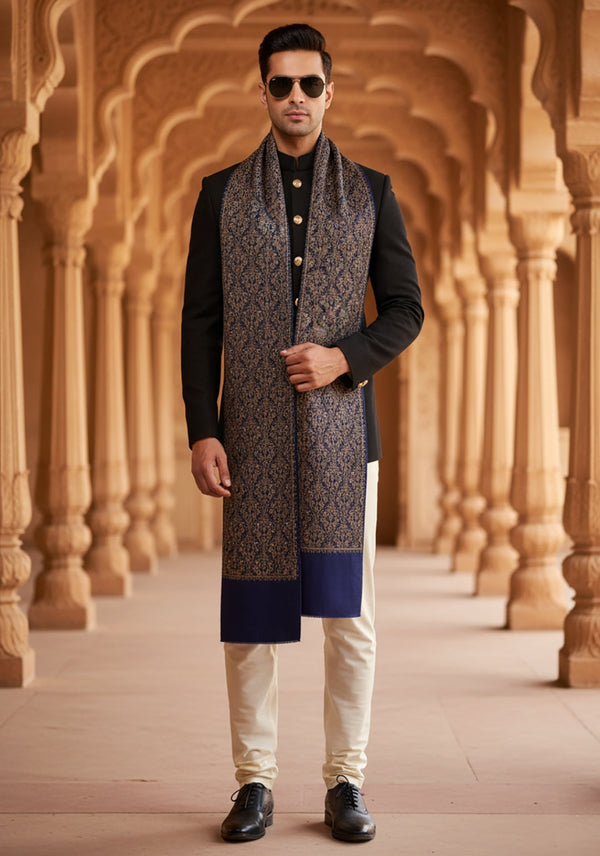 Woolen Mens Shawl in Blue with All-Over Floral Jaal Weave (80 x 40 Inches)