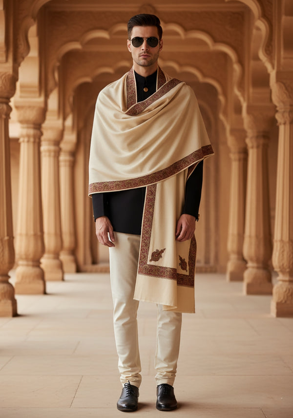 Elegant Beige Woolen Mens Shawl with Embroidered Border – Ethnic Wrap (80 x 40 Inches)