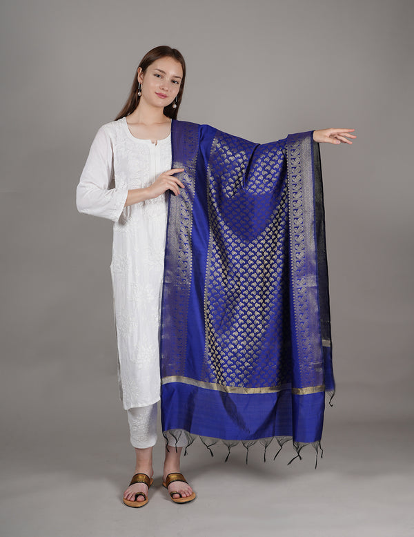 Blue Banarasi Silk Dupatta with Gold Zari Buti & Ornate Border (Size: 2.5x1 m Approx)
