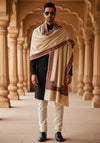 Woolen Mens Shawl in Beige with Multicolour Kashmiri-Inspired Embroidered Border (80 x 40 Inches)