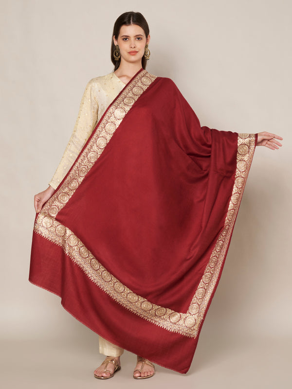 Maroon Woolen Women Shawl with Gold Border – 80x40 Inches