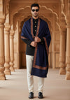 Blue Woolen Mens Shawl with Traditional Multicolour Embroidered Border (80 x 40 Inches)