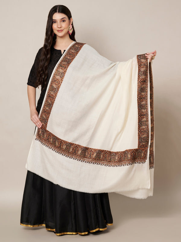 Woolen Women Shawl in Warm White with Intricate Traditional Embroidered Border (80 x 40 Inches)
