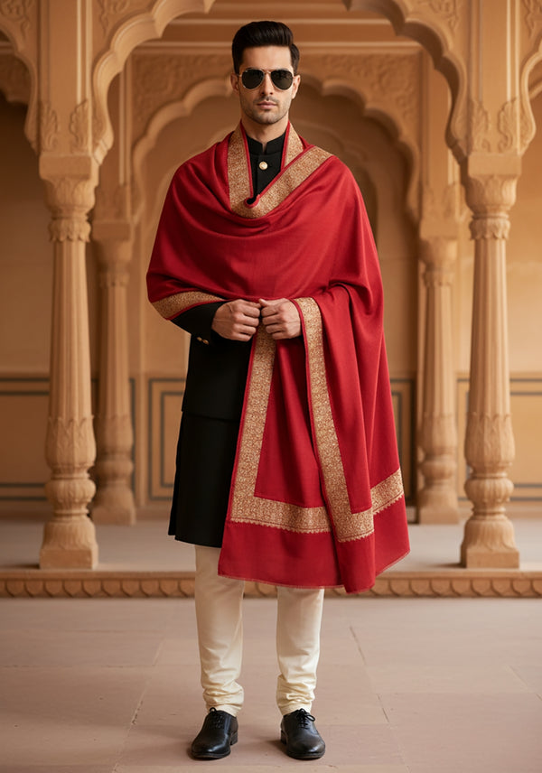 Solid Maroon Woolen Mens Shawl with Rich Embroidered Border – 80 x 40 Inches