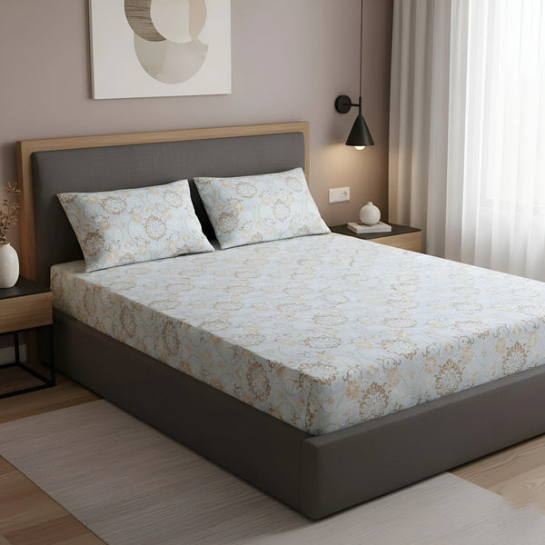 Queen Size 210 TC Elastic Fitted Cotton Bedsheet Set with 2 Pillow Covers (72 × 78 Inches)