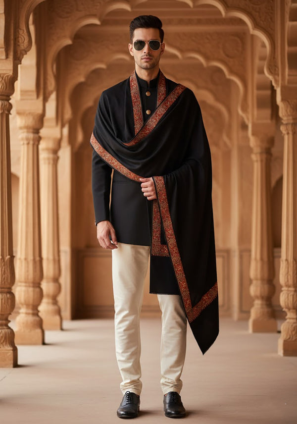 Black Woolen Mens Shawl with Traditional Multicolour Embroidered Border (80 x 40 Inches)