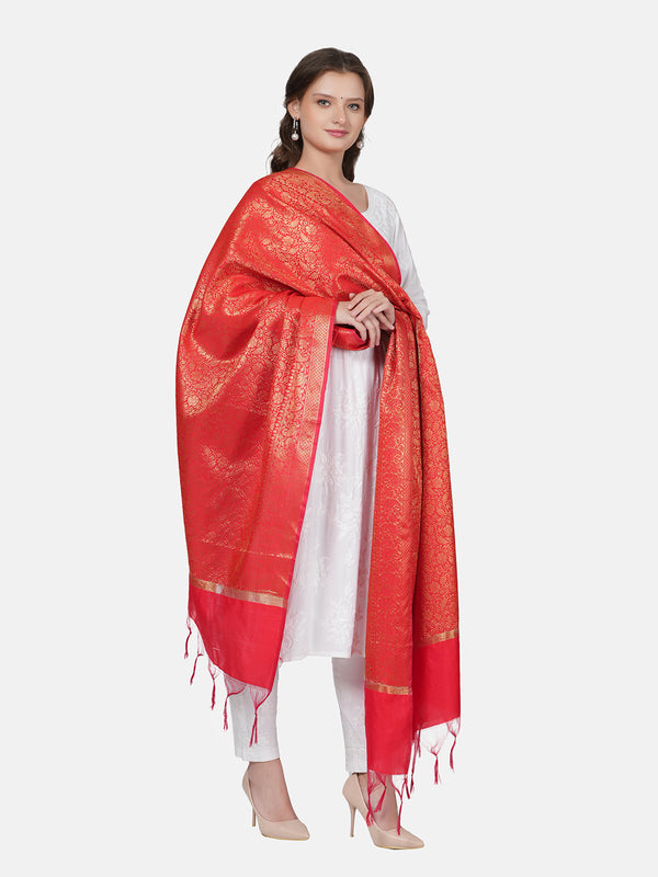 Red Banarasi Silk Dupatta with All-Over Woven Floral Zari Jaal (Size: 2.5x1 m Approx)