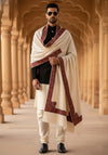 Woolen Mens Shawl in Ivory with Multicolour Kashmiri-Inspired Embroidered Border (80 x 40 Inches)