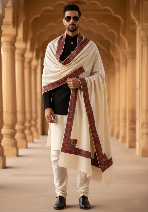 Woolen Mens Shawl in Ivory with Multicolour Kashmiri-Inspired Embroidered Border (80 x 40 Inches)