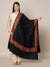 Woolen Women Shawl in Warm Black with Intricate Traditional Embroidered Border (80 x 40 Inches)