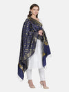 Dark Blue Banarasi Silk Dupatta with All-Over Woven Floral Motifs & Rich Zari Border (Size: 2.5x1 m Approx)