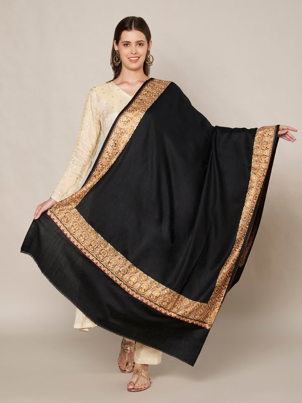 Solid Black Woolen Women Shawl with Rich Embroidered Border – 80 x 40 Inches