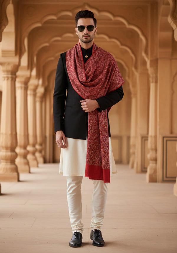 Woolen Mens Shawl in Maroon with All-Over Floral Jaal Weave (80 x 40 Inches)