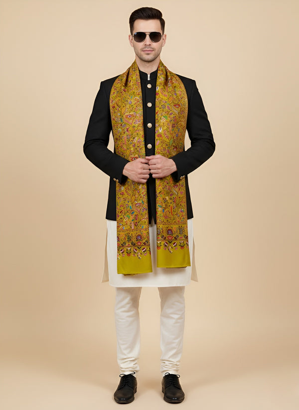 Printed Bamboo Silk Mens Shawl – Mustard Floral Classic Wrap (80 x 40 Inches)