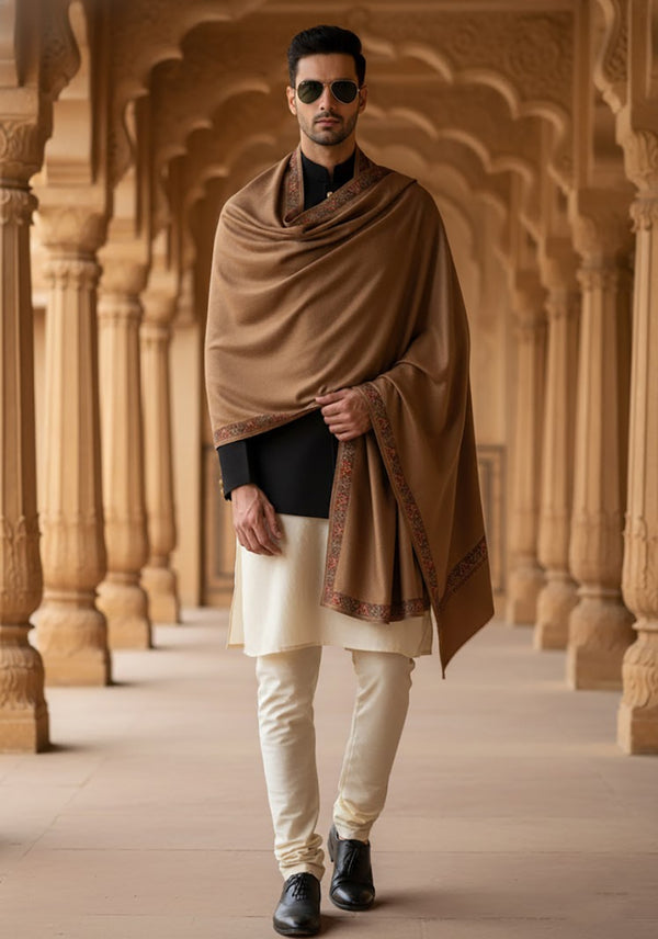 Brown Woolen Mens Shawl with Traditional Multicolour Embroidered Border (80 x 40 Inches)
