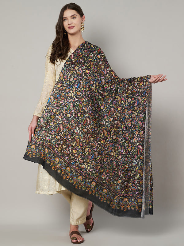 Bamboo Silk Black Kashmiri Women Stole with Traditional Paisley Jaal | Soft & Elegant | 80×28 Inches