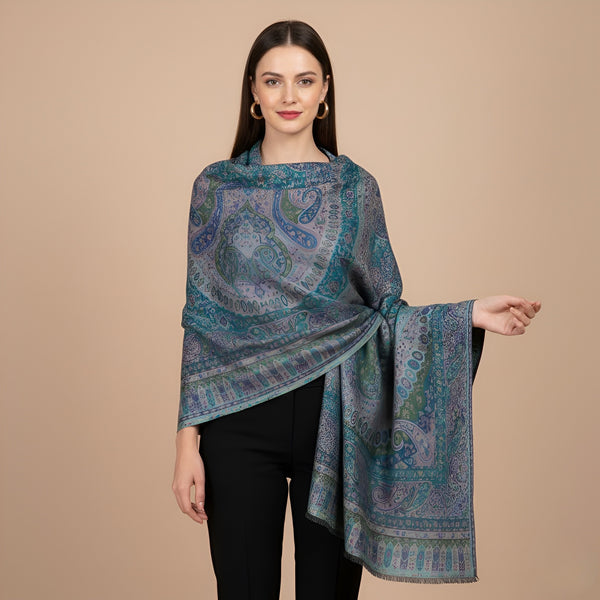 Kani Work Bamboo Silk Cutwork Women Shawl – Teal & Blue Elegance (80 x 40 Inches)