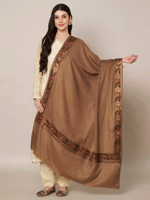Woolen Women Shawl in Brown with Embroidered Traditional Border (80 x 40 Inches)
